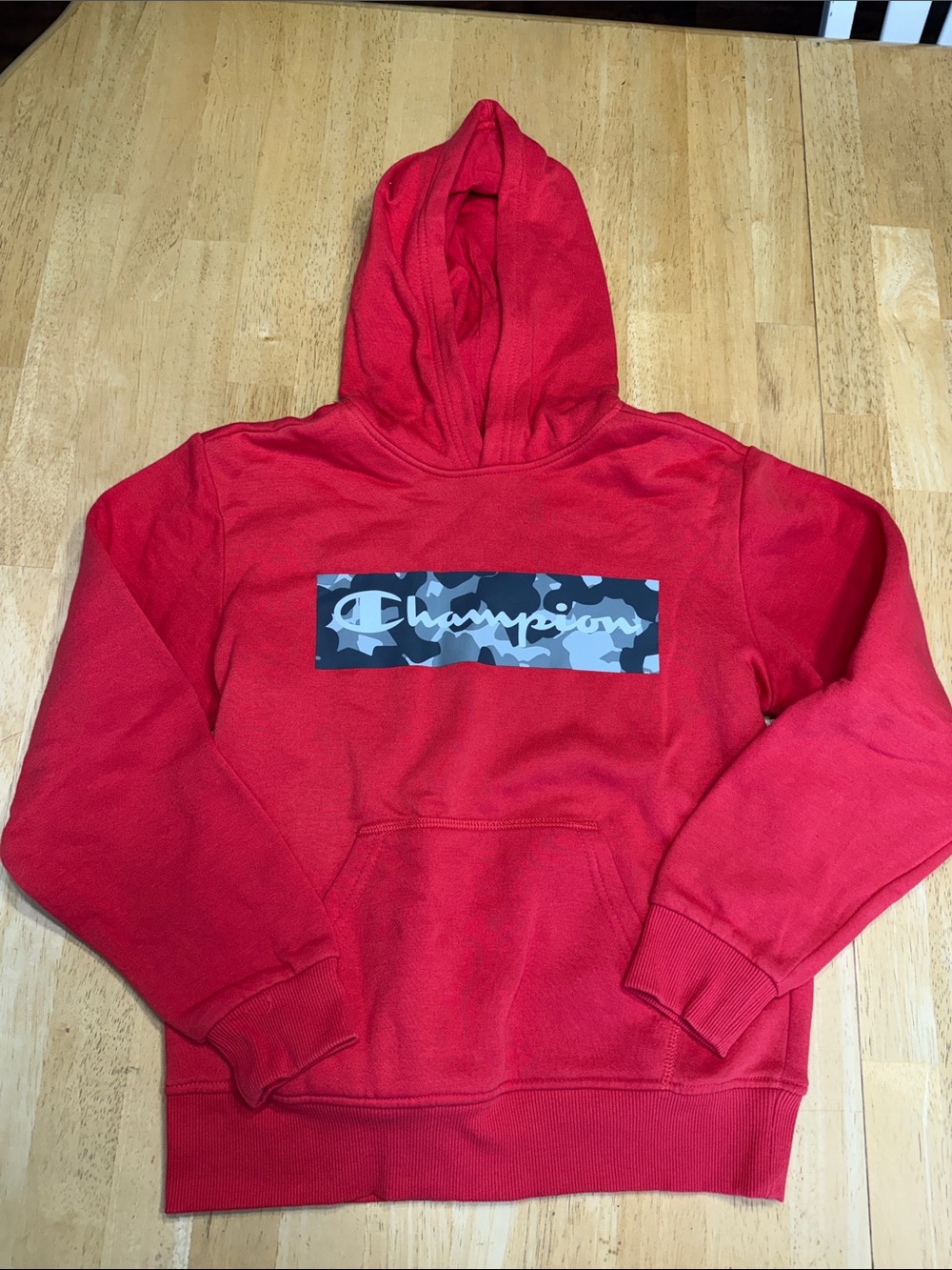 Champion Red Hoodie with Camo Logo Panel